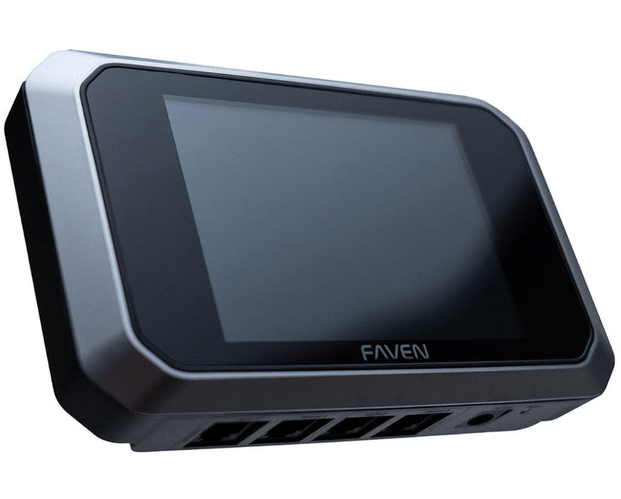 Angled view of Faven CX2 controller with touchscreen and multiple bottom ports, branding visible.