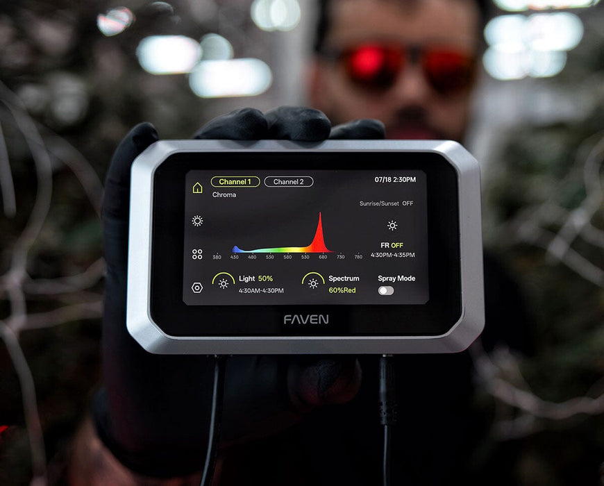 Faven CX3 grow light controller showing dual channel spectrum, dimming and far red controls in a grow room