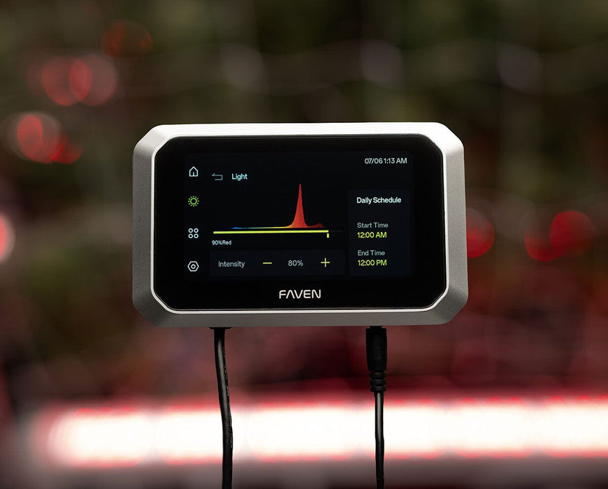 Faven CX3 lighting controller displaying daily schedule, spectrum and intensity settings for grow lights.