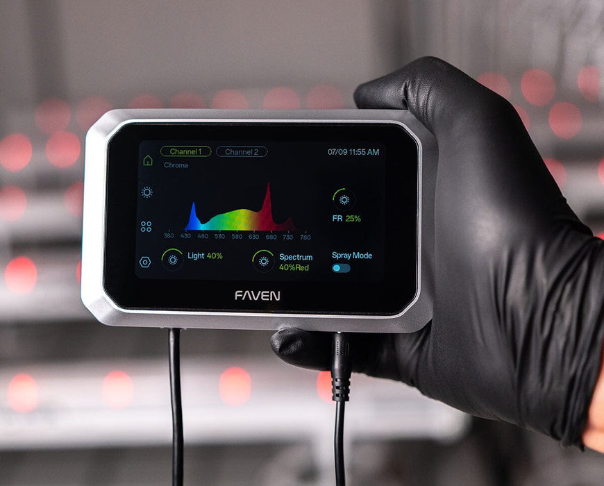 Faven CX3 grow light controller showing dual channel spectrum adjustment and far red control on touchscreen.
