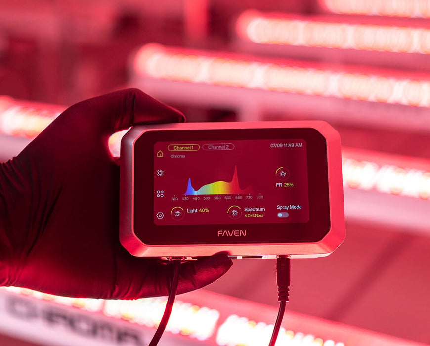 Faven CX3 controller displaying Chroma spectrum, light intensity, far red and spray mode controls.