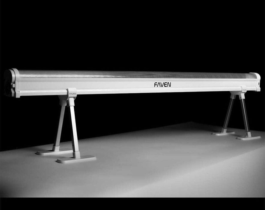 Close-up of Faven under canopy LED light bars secured directly to grow tent support poles.