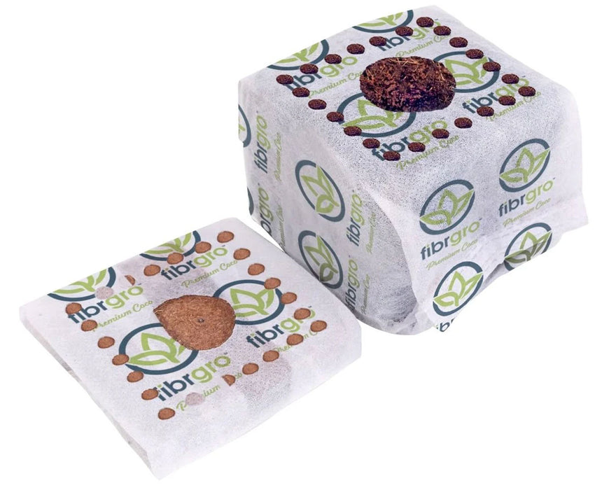 Two Fibrgro AirMax coco propagation cubes, one upright and one laying flat to show the detachable base and uniform structure of the high-porosity coco media.