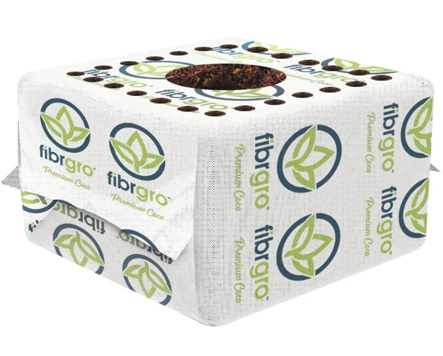 Single Fibrgro AirMax coco propagation cube wrapped in branded white non-woven fabric with visible top planting hole and air-pruning drainage holes.