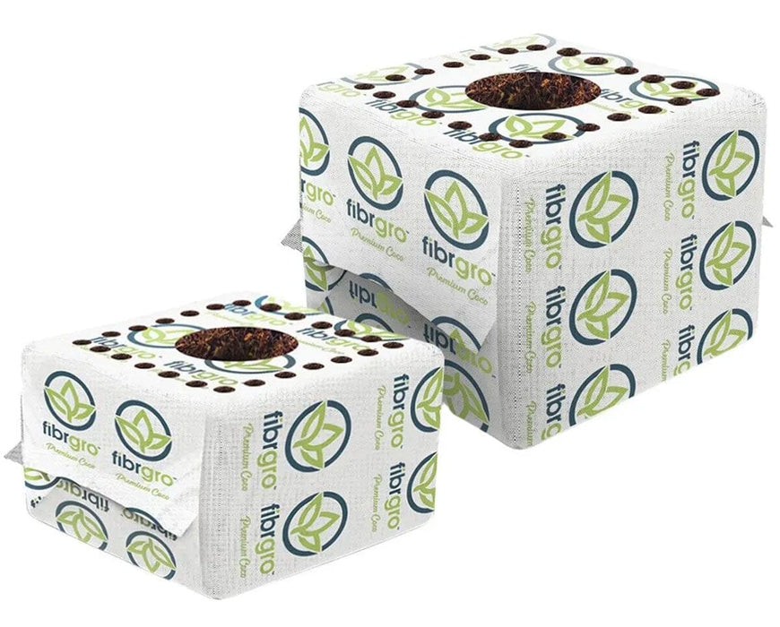 Side-by-side view of two Fibrgro AirMax coco propagation cubes featuring branded fabric sleeves, large center planting holes, and perimeter air holes for improved root aeration.