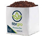 Close-up of a single Fibrgro Premium Coco grow bag filled with a 40/60 coir chip and fine coco pith blend, wrapped in a white branded sleeve with visible rich brown coco media.