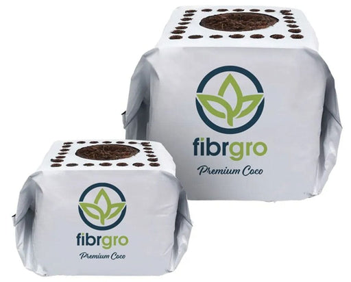 Fibrgro 4x4 inch Propagation Coco Cube front view featuring washed and buffered coco coir with balanced air and water retention for strong seedling development.