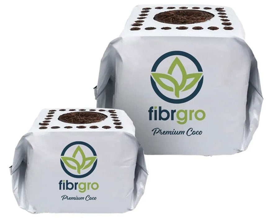 Fibrgro 4x4 inch Propagation Coco Cube front view featuring washed and buffered coco coir with balanced air and water retention for strong seedling development.