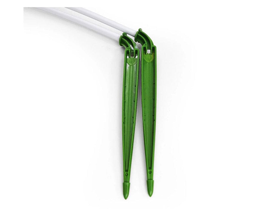 FloraFlex 1-Way GPH Assembly 0.5 GPH Side View close-up of FloraFlex green drip stake showing tubing connection for accurate water flow control.