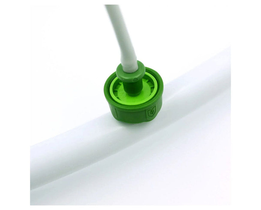 FloraFlex 1-Way GPH Assembly 0.5 GPH Emitter Close-Up detailed view of FloraFlex green emitter connection to tubing for precision watering.