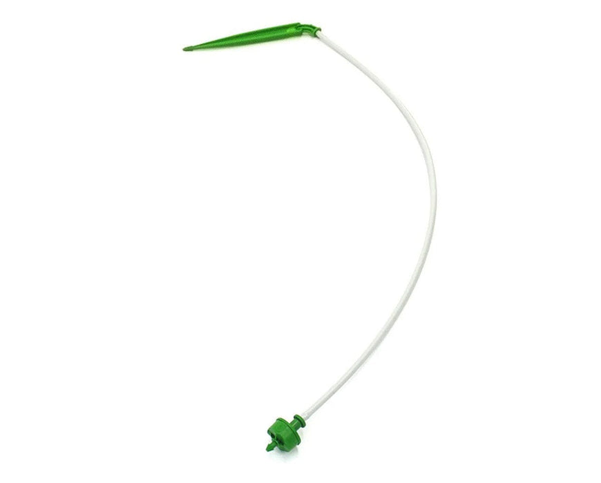 FloraFlex 1-Way GPH Assembly 2 GPH Extended View complete irrigation line showing emitter, tubing, and green stake for precision watering systems.