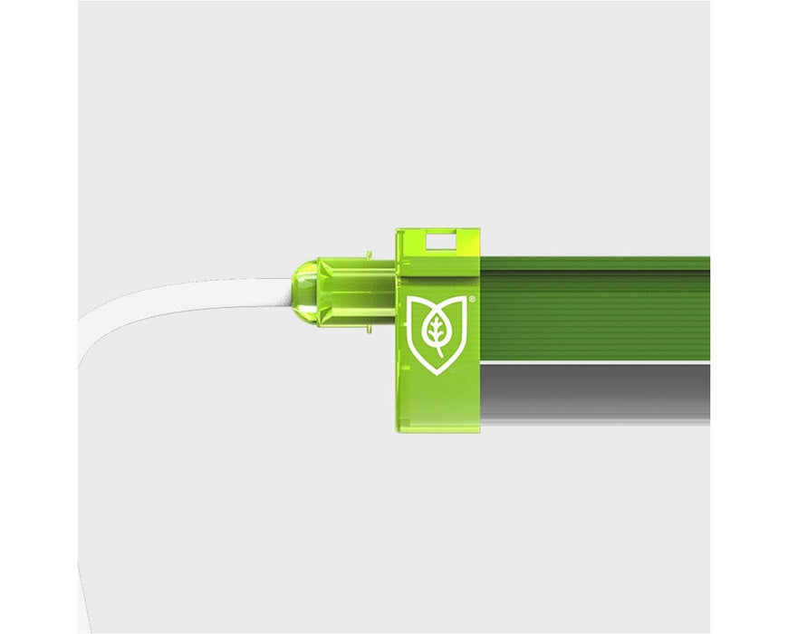 Close-up of power cable connector on FloraFlex Clone LED with green end cap and logo.