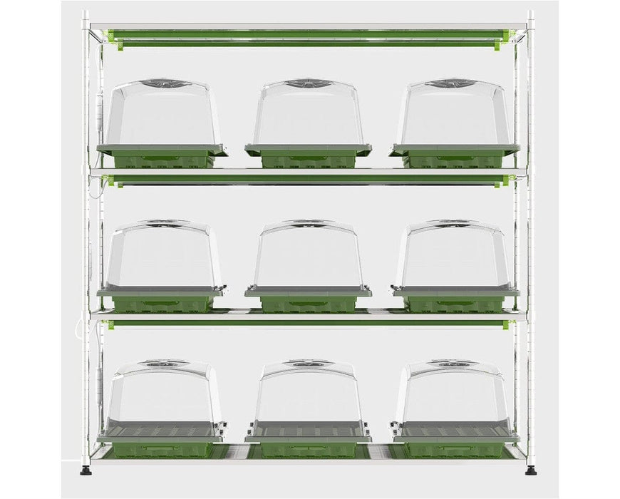 Multi-shelf grow rack using FloraFlex Clone LEDs and domed propagation trays.