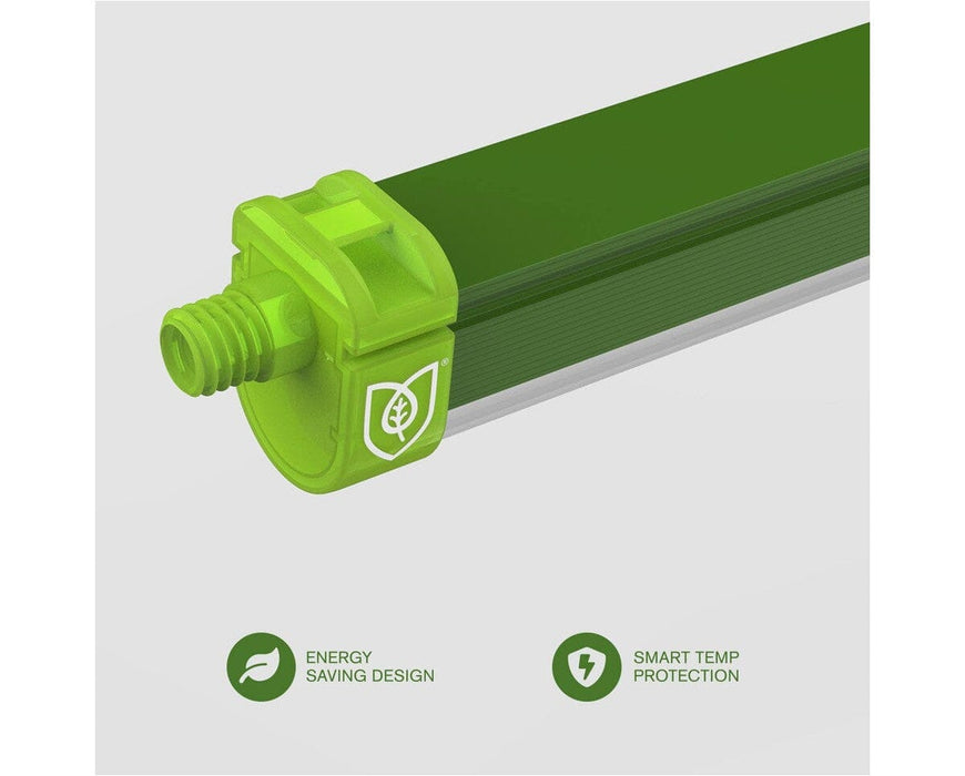 Close-up of FloraFlex LED end cap with icons showing energy-saving and temp protection.