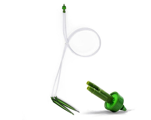 FloraFlex 2-Way Assembly with two green stake drippers, micro tubing, and half-gallon-per-hour emitter.