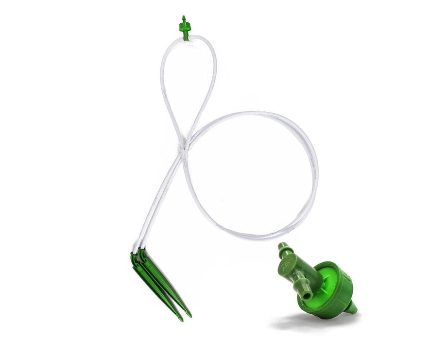 Top view of FloraFlex 2-way irrigation setup showing tubing layout and included green parallel splitter emitter.