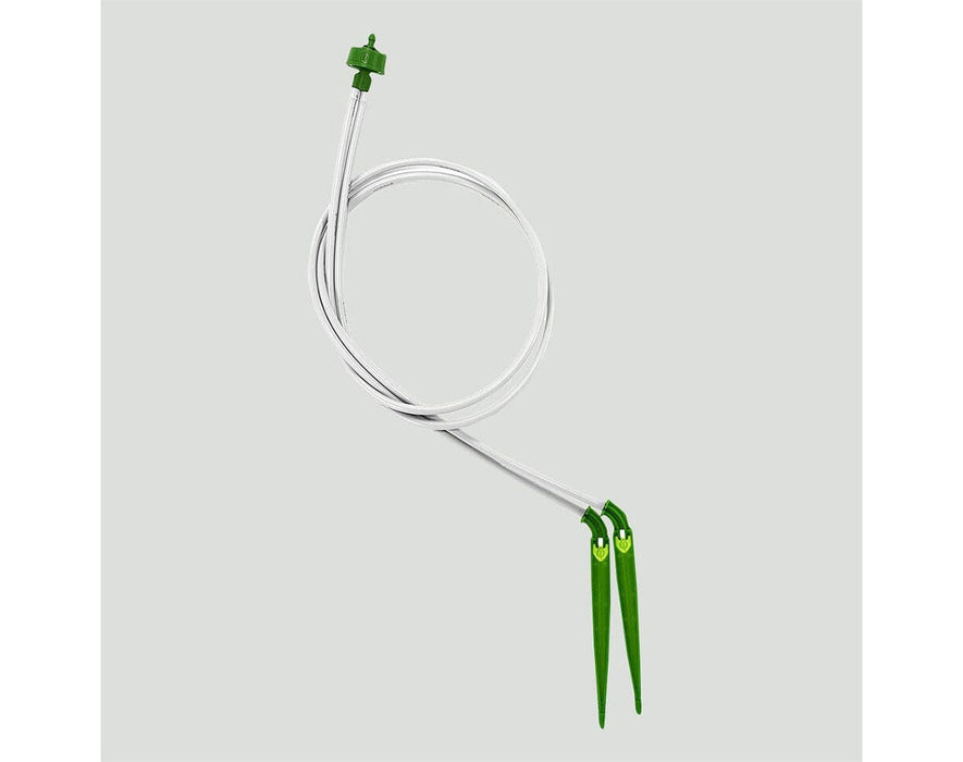 FloraFlex 2-way drip assembly fully extended, showing emitter, dual tubing, and stake drippers on gray background.