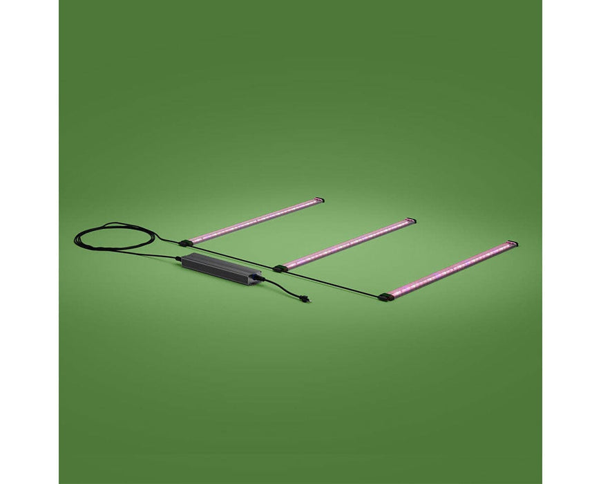 Fully assembled FloraFlex 360W 3-bar LED grow light emitting far-red glow in operational layout.