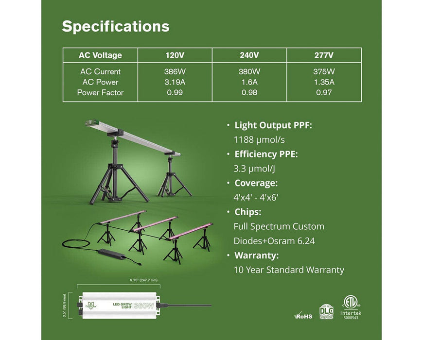 Specs and components of FloraFlex 360W 3-bar LED grow light including power, coverage, and warranty.
