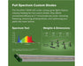 Full spectrum test and weight/dimensions chart for FloraFlex 360W LED with 3-bar layout on tripods.