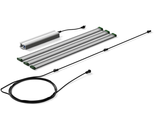 FloraFlex 360W under canopy light kit laid out with 3 LED bars, power supply, and connection cords.