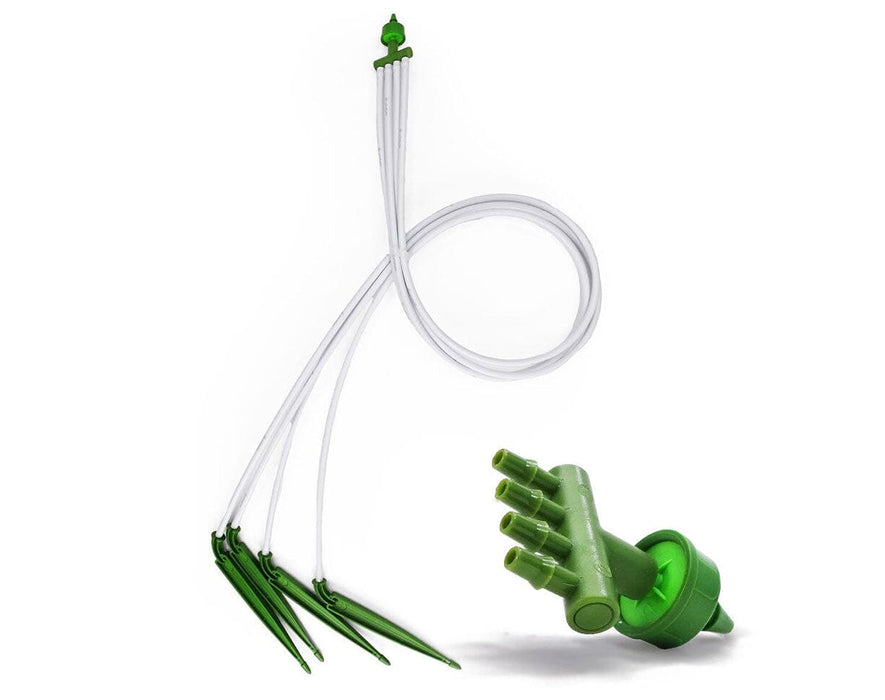 FloraFlex 4-Way drip irrigation assembly with half-gallon emitter, four micro tubes, and stake drippers.