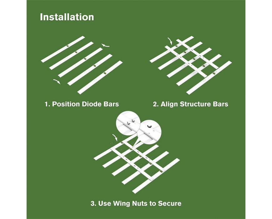 Step-by-step LED light bar assembly showing diode bar positioning, alignment, and wing nut securing.