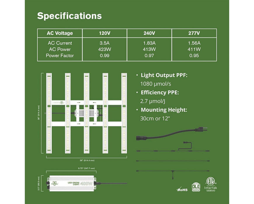 Specs for FloraFlex 400W LED light including power, PPE, mounting height, and power cord layout.