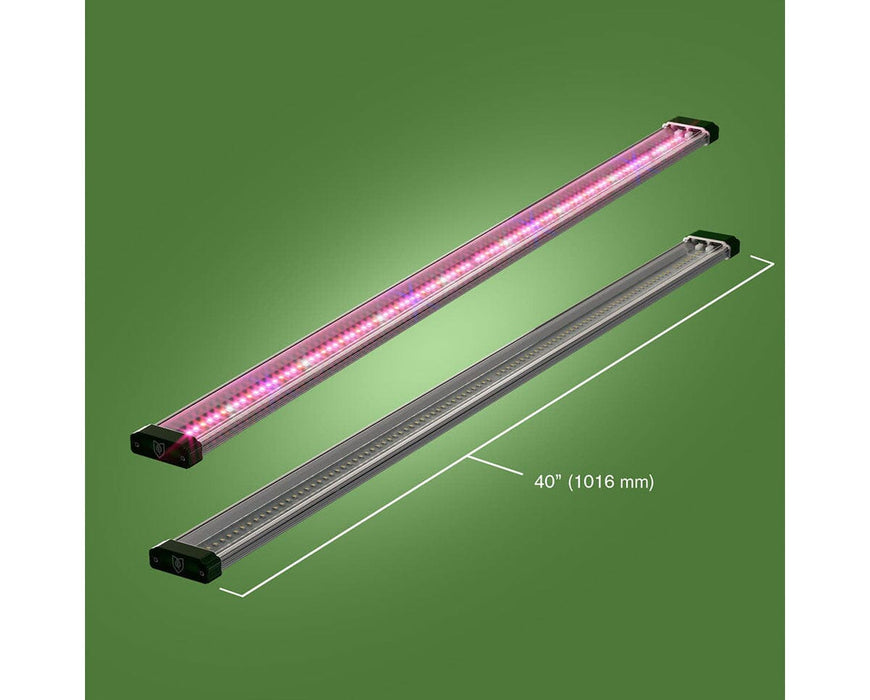 Two FloraFlex LED bars side-by-side with pink diode glow and 40-inch length measurement.