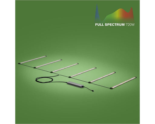 FloraFlex 720W LED light bars powered on in horizontal layout, glowing with full spectrum output.