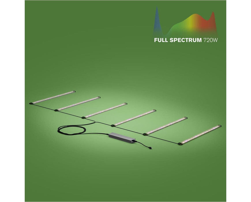 FloraFlex 720W LED light bars powered on in horizontal layout, glowing with full spectrum output.