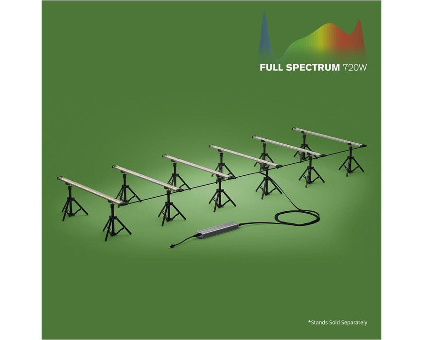 FloraFlex 720W LED under-canopy system powered on with 6 bars mounted on tripods. Stands sold separately.