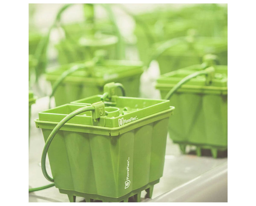 FloraFlex POTPRO 6-Inch Pot in grow setup with irrigation tubing connected for automated watering.