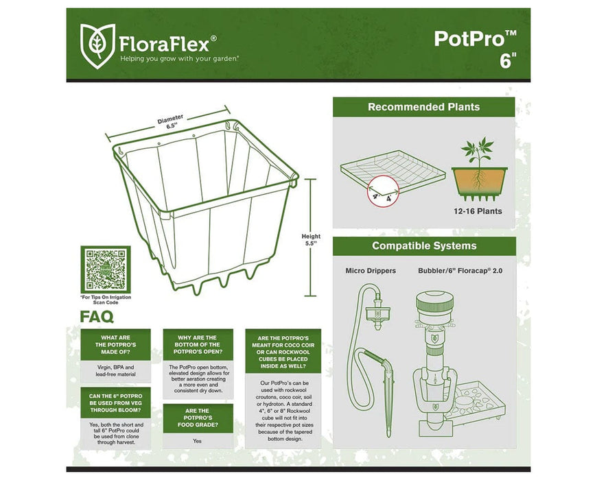 FloraFlex POTPRO 6-Inch Pot specification chart showing dimensions, compatible systems, and plant guide.