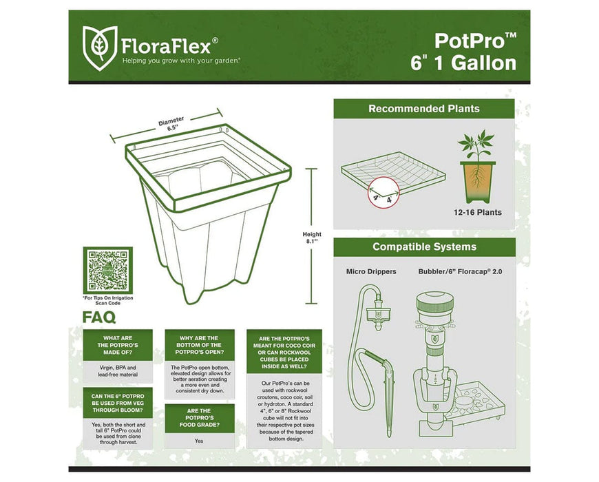FloraFlex POTPRO 6-Inch Tall Pot specification chart showing dimensions, compatible systems, and plant guide.