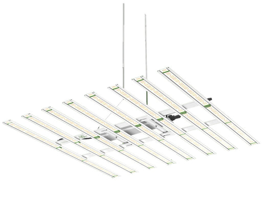 Angled view of suspended FloraFlex 700W LED grow light showcasing 8-bar layout and custom diode design.