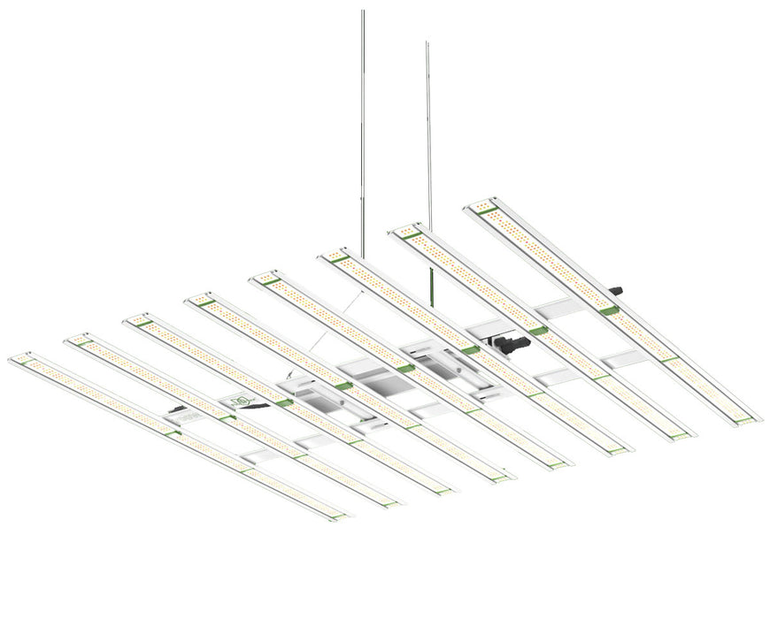 Angled view of suspended FloraFlex 700W LED grow light showcasing 8-bar layout and custom diode design.
