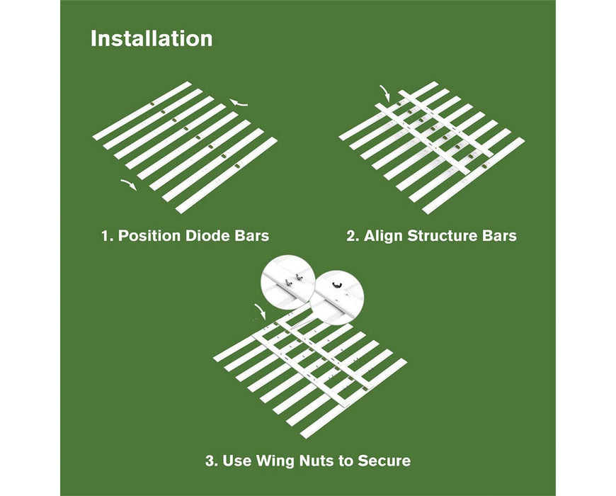 Assembly steps for FloraFlex 700W LED grow light showing bar layout, alignment, and securing with wing nuts.