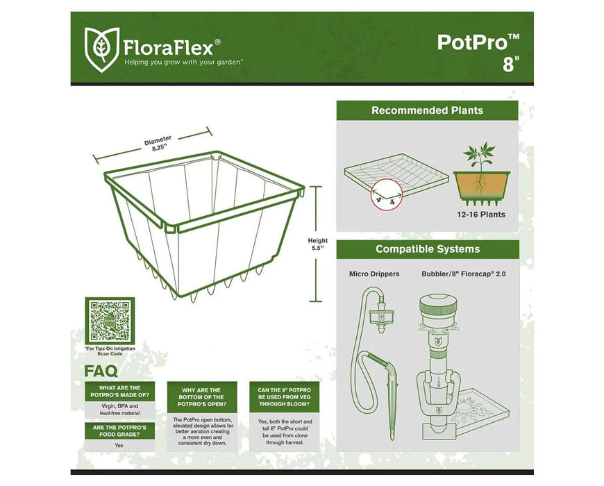 FloraFlex 8-Inch Short PotPRO specification guide showing dimensions, compatible systems, and recommended plant setup.