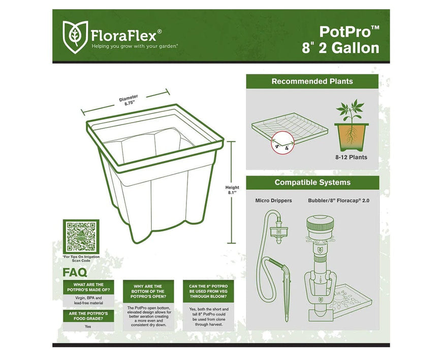 FloraFlex POTPRO 8-Inch Tall Pot specification guide with dimensions, compatible systems, and plant recommendations.