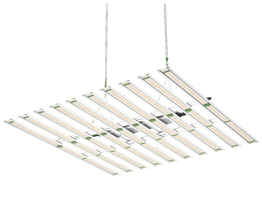 Angled view of FloraFlex 900W full spectrum LED grow light suspended, showing 10-bar layout.
