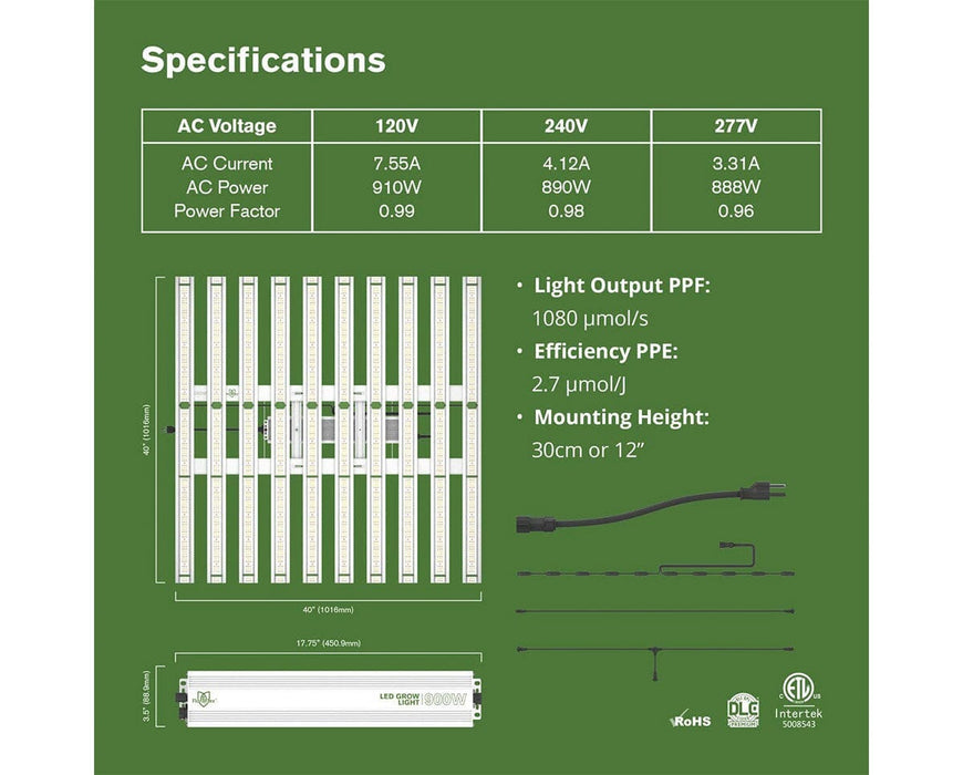 Specs for FloraFlex 900W LED grow light showing wattage, efficiency, mounting height, and included cords.