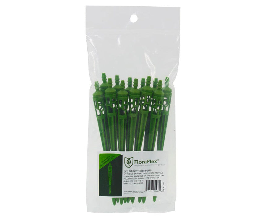 Pack of 12 FloraFlex Basket Drippers in a clear bag, ideal for clog-free top feed irrigation in hydroponics or soil systems.