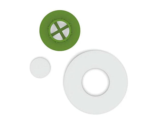 Three-piece FloraFlex flow conversion kit showing green insert and two white filter discs for bubbler systems.