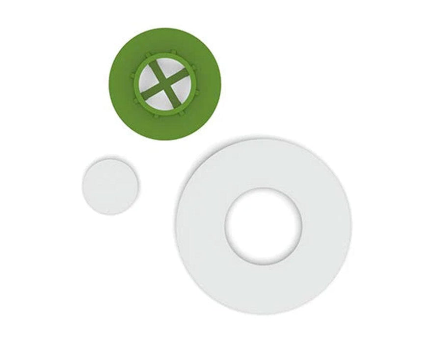 Three-piece FloraFlex flow conversion kit showing green insert and two white filter discs for bubbler systems.