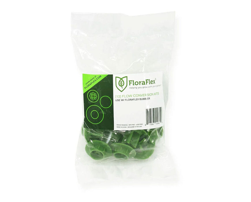 FloraFlex Bubbler Flow Conversion Kit 12-pack sealed in clear plastic packaging with green fittings visible inside.