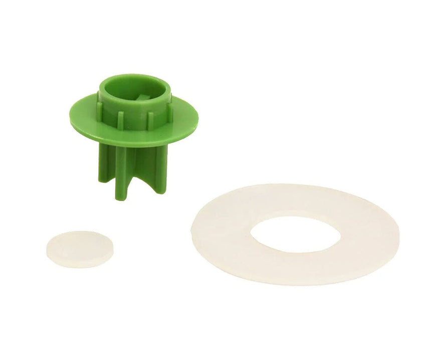 FloraFlex Bubbler Flow Conversion Kit components — green flow insert, white gasket, and filter disc on white background.