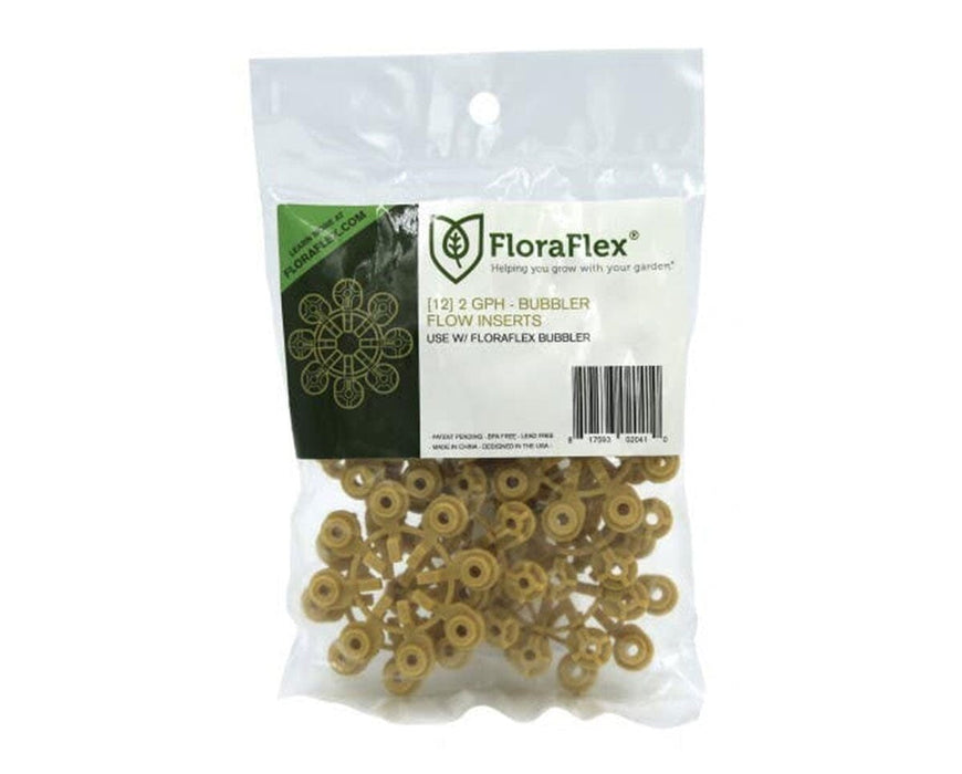 FloraFlex 2 GPH Bubbler Flow Inserts 12-pack in yellow color, sealed in clear retail bag.