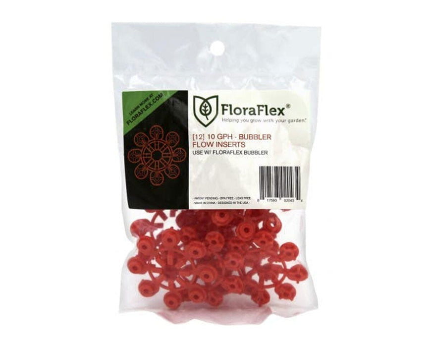 FloraFlex 10 GPH Bubbler Flow Inserts 12-pack in red color, sealed in clear retail bag.