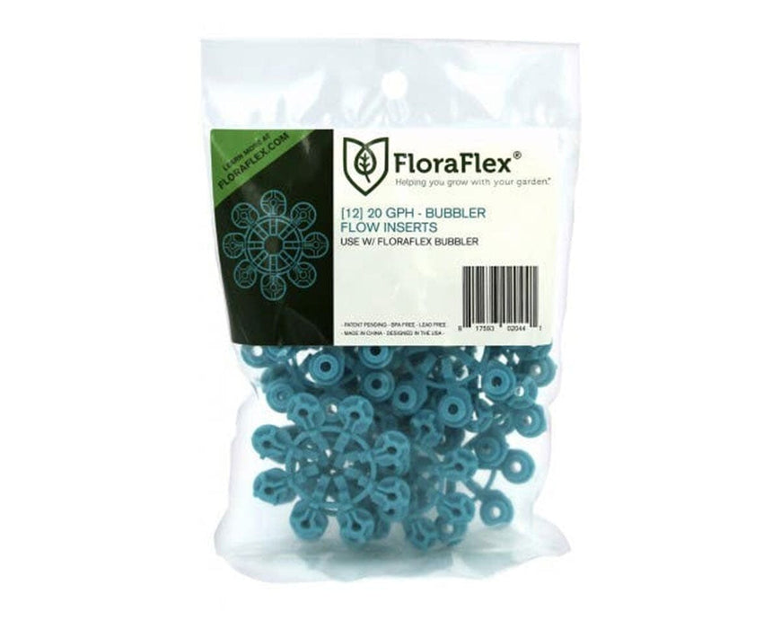 FloraFlex 20 GPH Bubbler Flow Inserts 12-pack in blue color, sealed in clear retail bag.